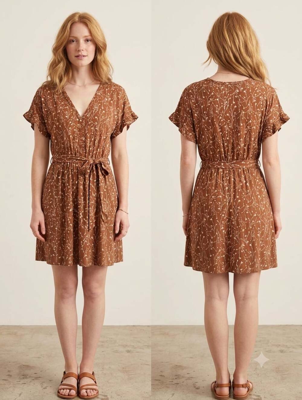 French Grey Brown Floral Print V-Neck Midi Dress with Tie Waist